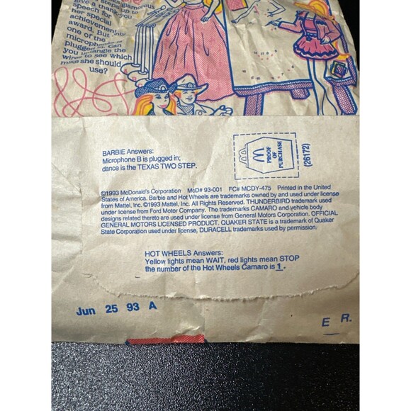 Vintage McDonald’s Happy Meal Bags Lot Barbie Hot Wheels 1991–1993 - Picture 7 of 10
